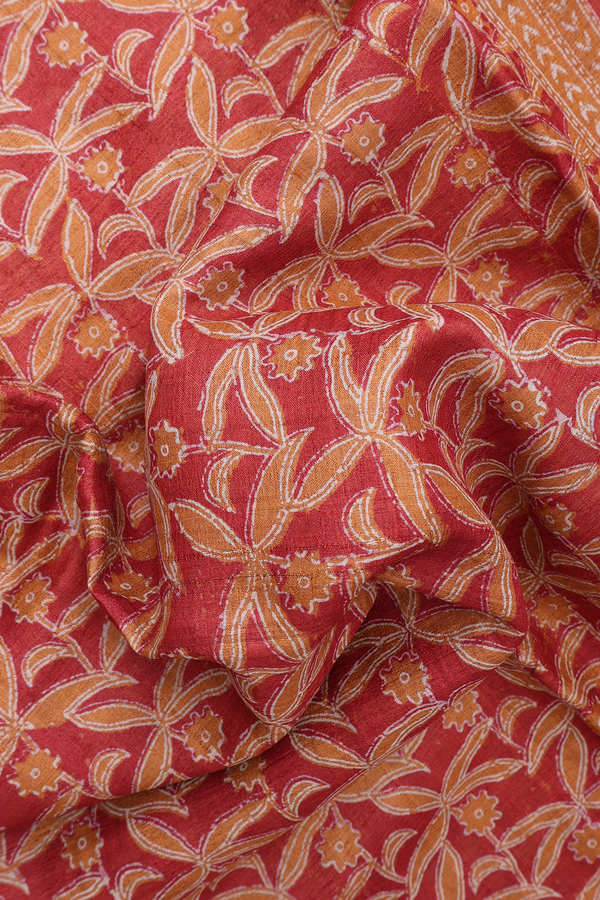 Tussar Silk Saree In Red With Allover Floral Printed Design