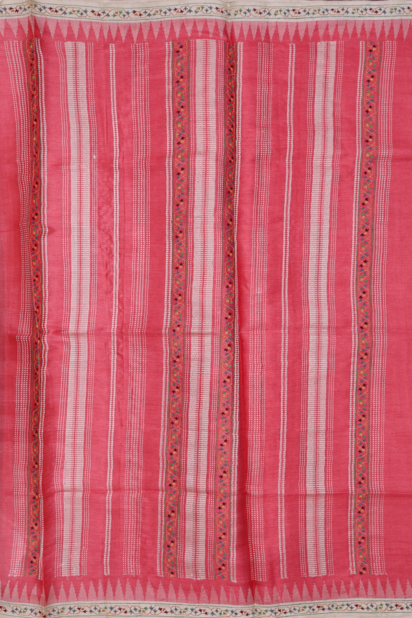 Tussar Silk Saree In Red With Contrast Border