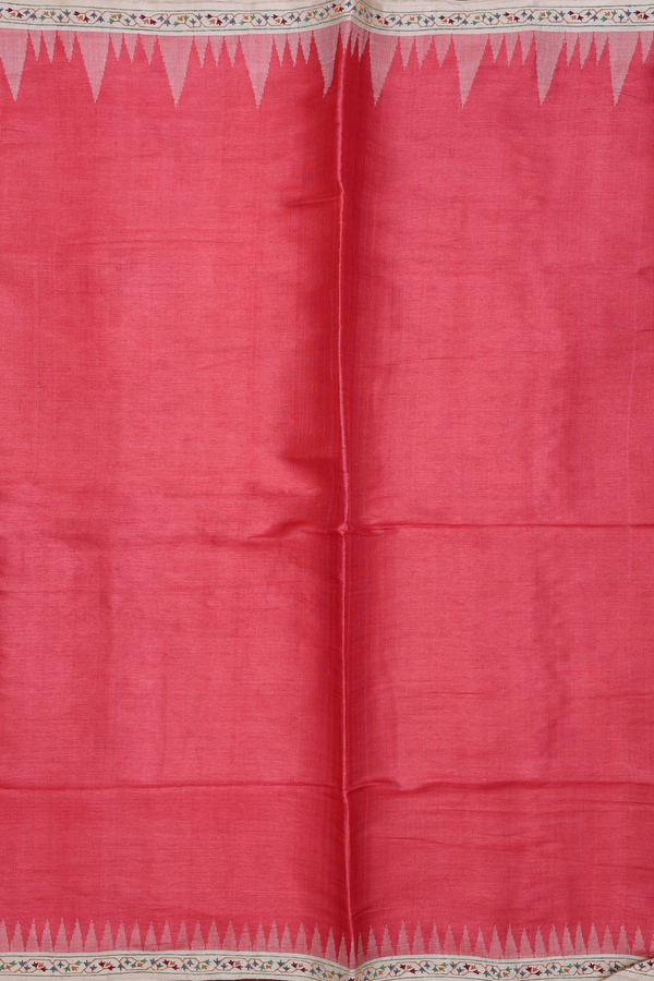 Tussar Silk Saree In Red With Contrast Border