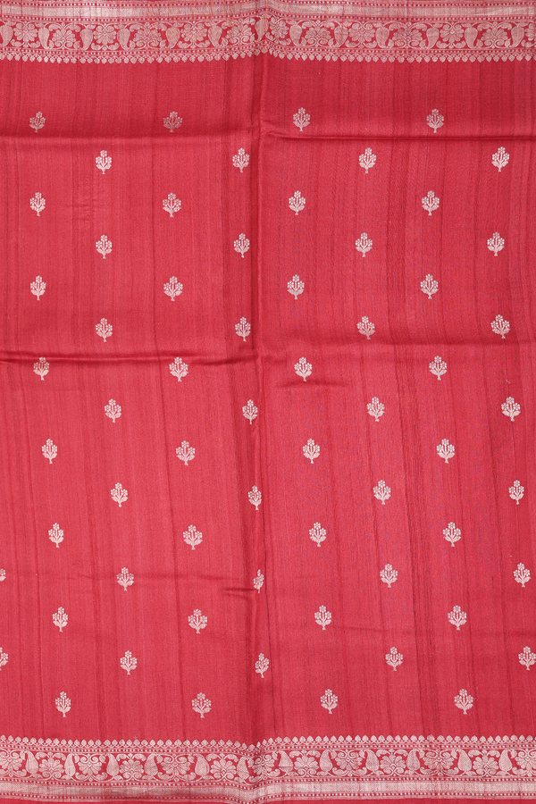 Tussar Silk Saree In Red With Floral Buttas