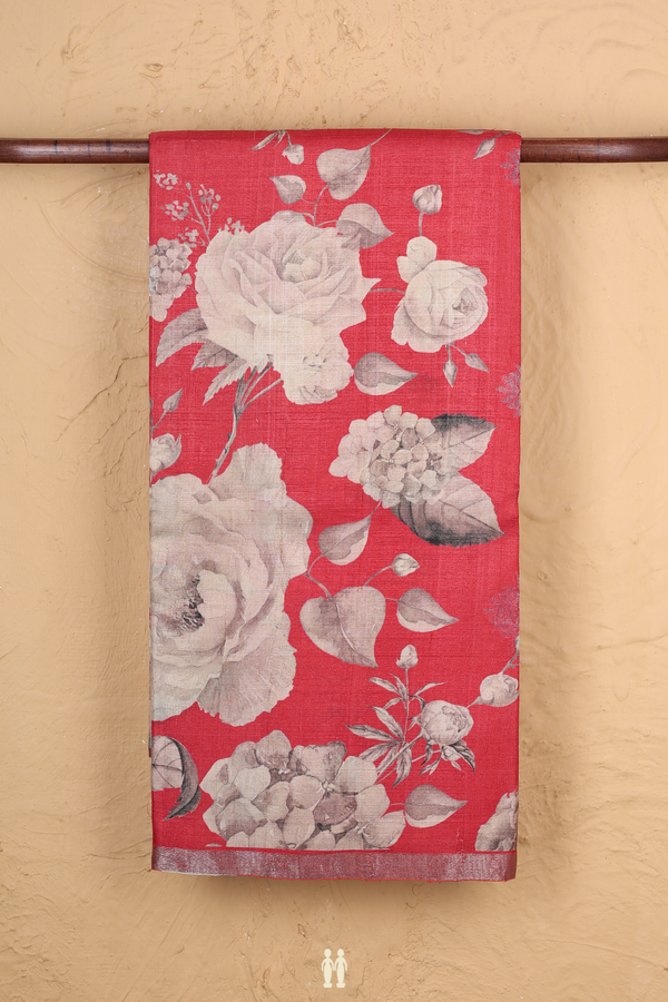 Tussar Silk Saree In Red With Floral Design