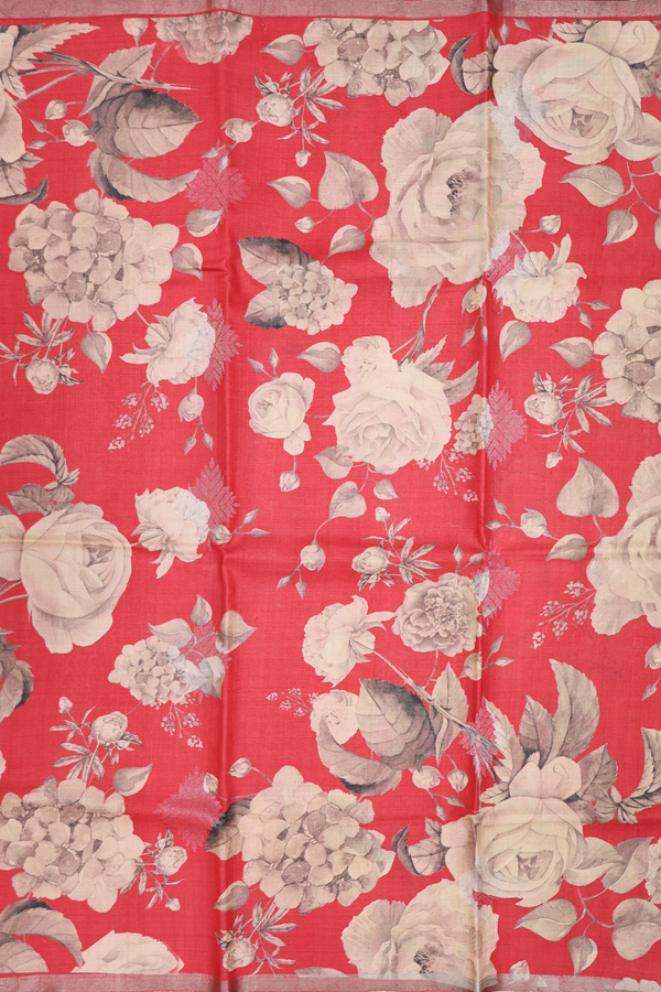 Tussar Silk Saree In Red With Floral Design