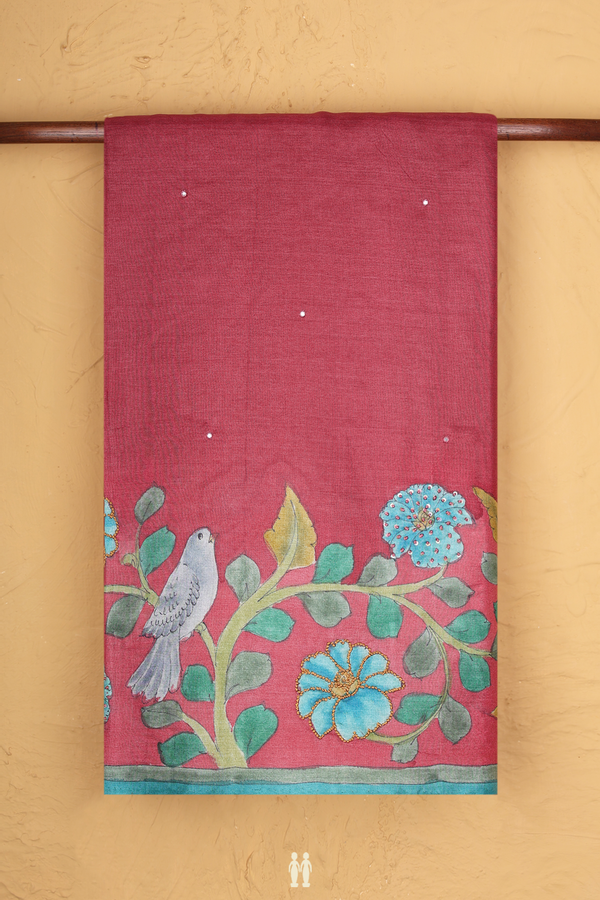 Tussar Silk Saree In Red With Mirror Buttas