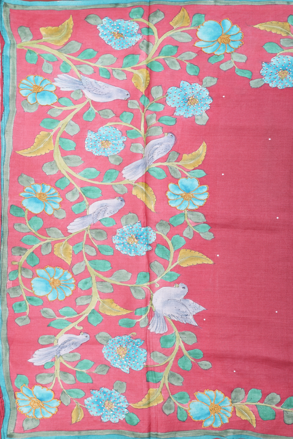 Tussar Silk Saree In Red With Mirror Buttas