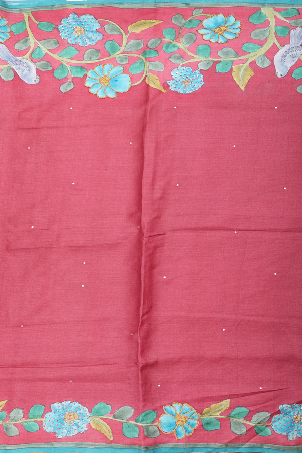 Tussar Silk Saree In Red With Mirror Buttas