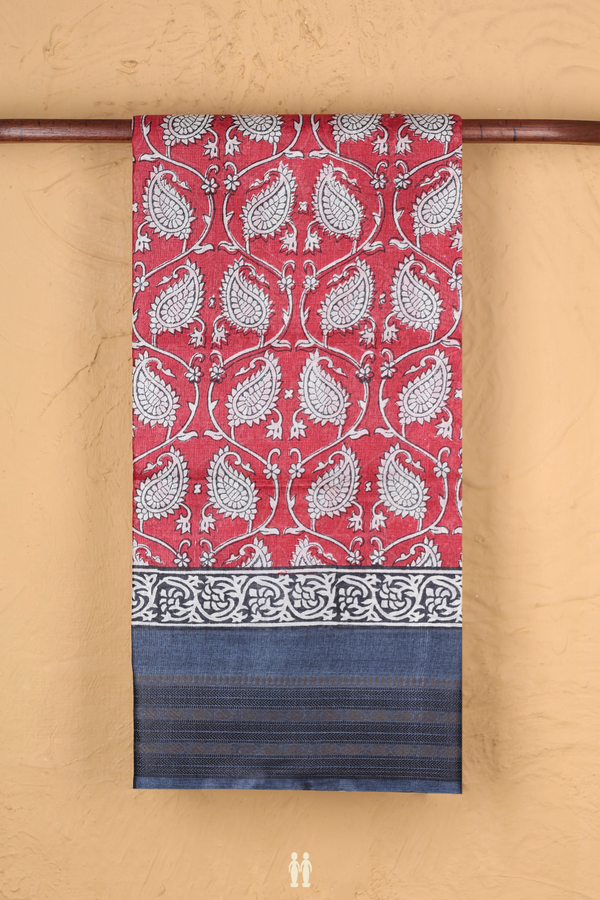 Tussar Silk Saree In Red With Paisley Design