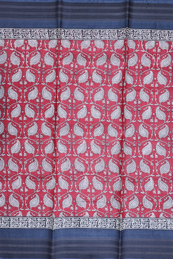 Tussar Silk Saree In Red With Paisley Design