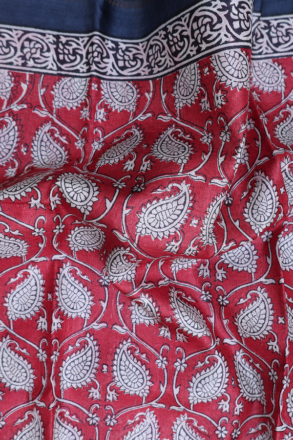 Tussar Silk Saree In Red With Paisley Design
