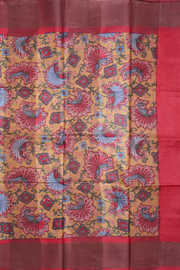 Tussar Silk Saree In Red With Printed Design