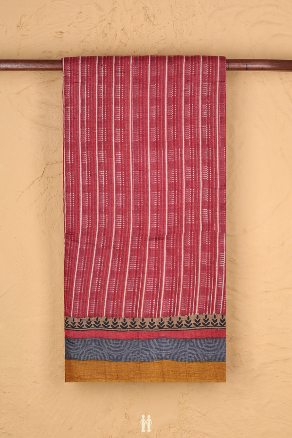 Tussar Silk Saree In Red With Stripes Design