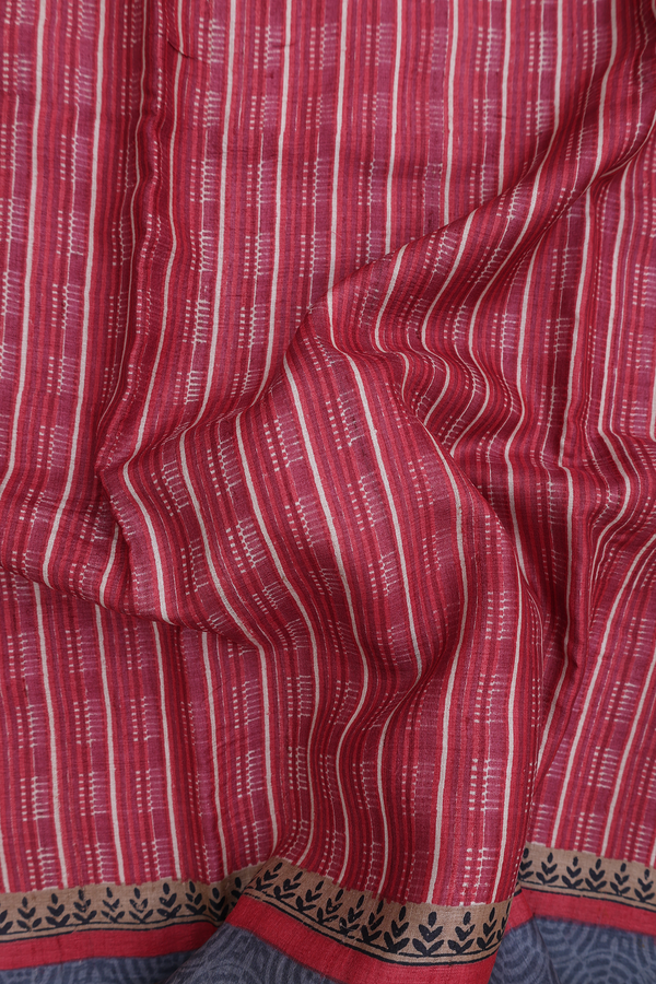 Tussar Silk Saree In Red With Stripes Design