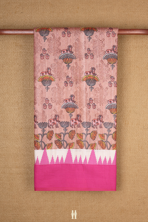 Tussar Silk Saree In Rose Beige With Cow And Floral Design