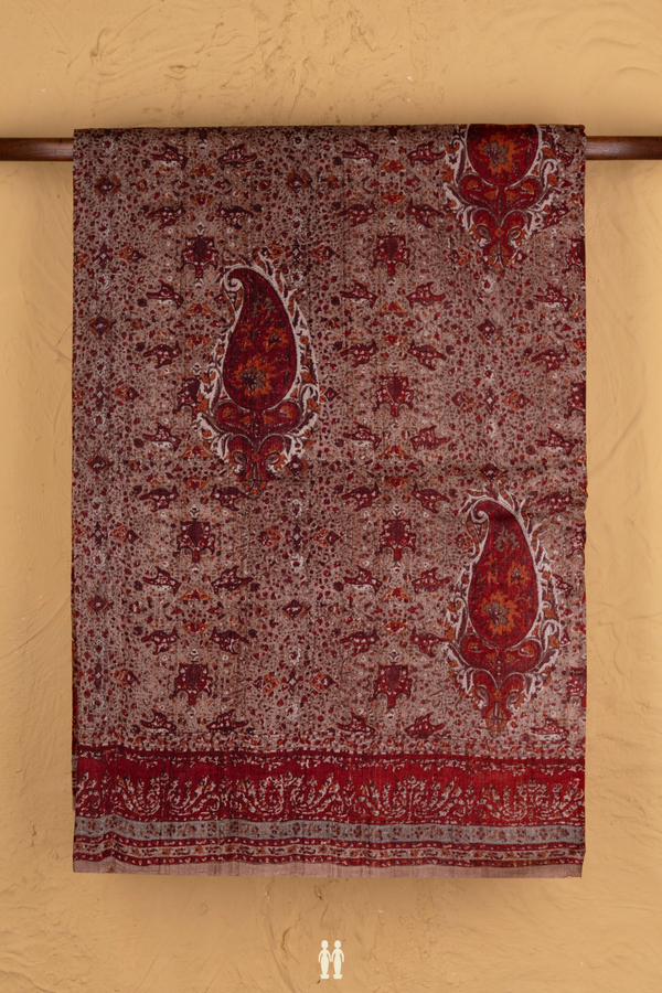 Tussar Silk Saree In Dusty Red With Paisley Printed Design