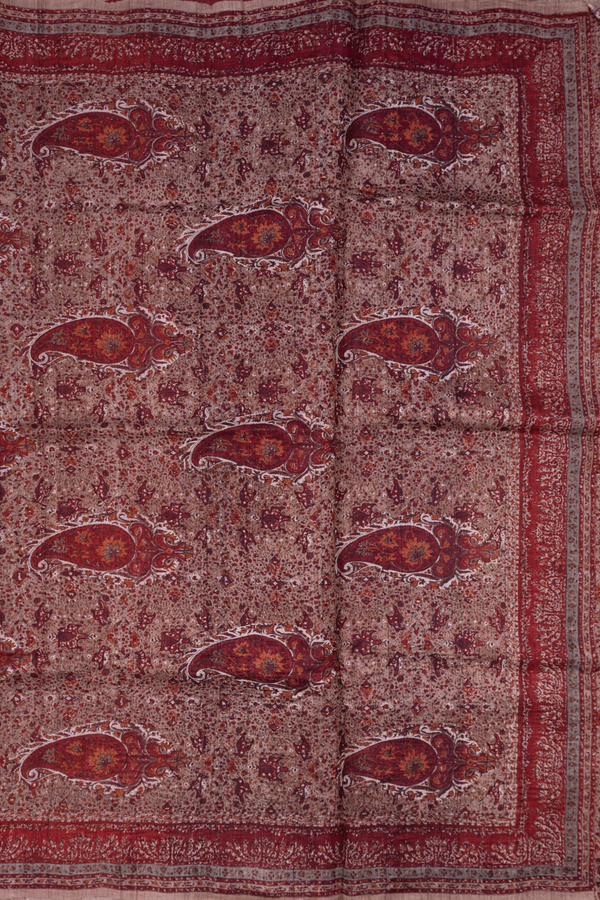 Tussar Silk Saree In Dusty Red With Paisley Printed Design