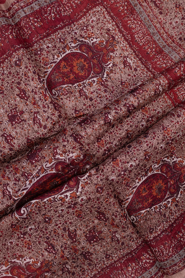 Tussar Silk Saree In Dusty Red With Paisley Printed Design