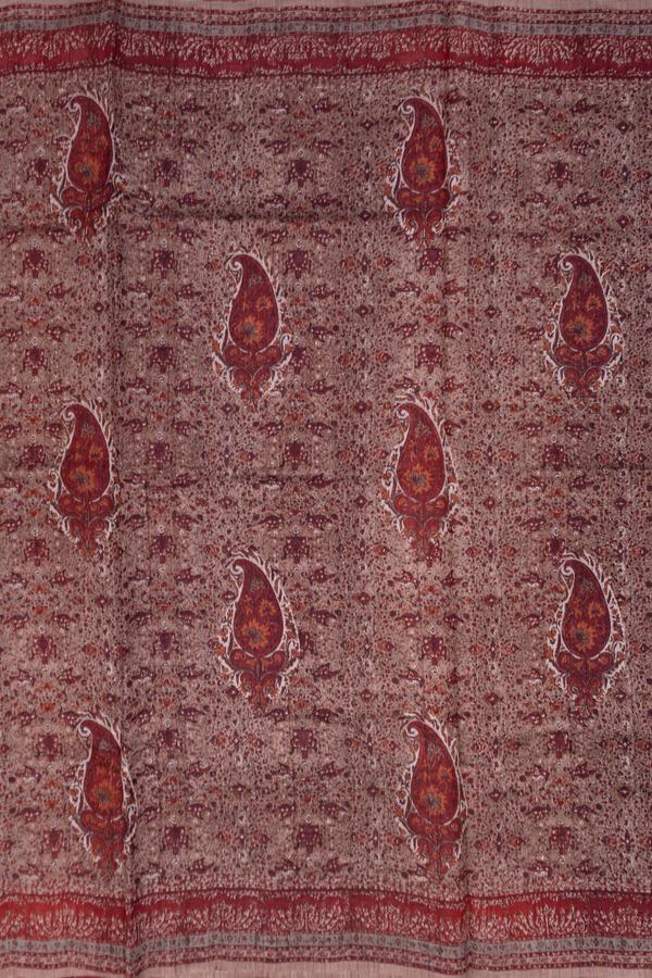 Tussar Silk Saree In Dusty Red With Paisley Printed Design