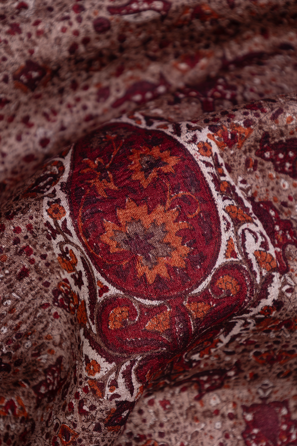 Tussar Silk Saree In Dusty Red With Paisley Printed Design