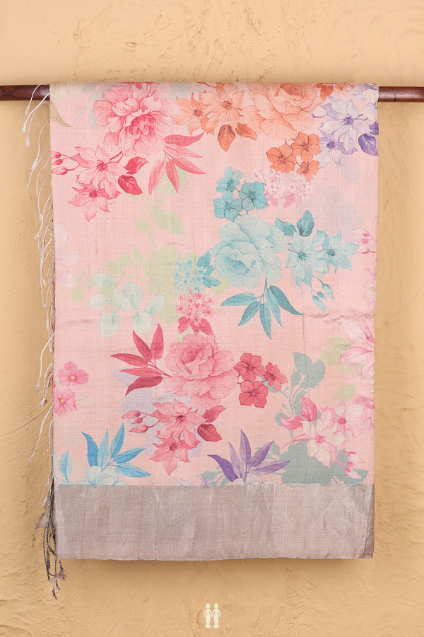 Tussar Silk Saree In Rose Gold With Floral Design
