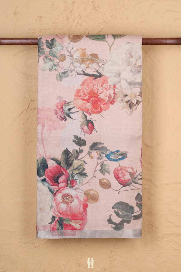 Tussar Silk Saree In Rose Gold With Floral Design