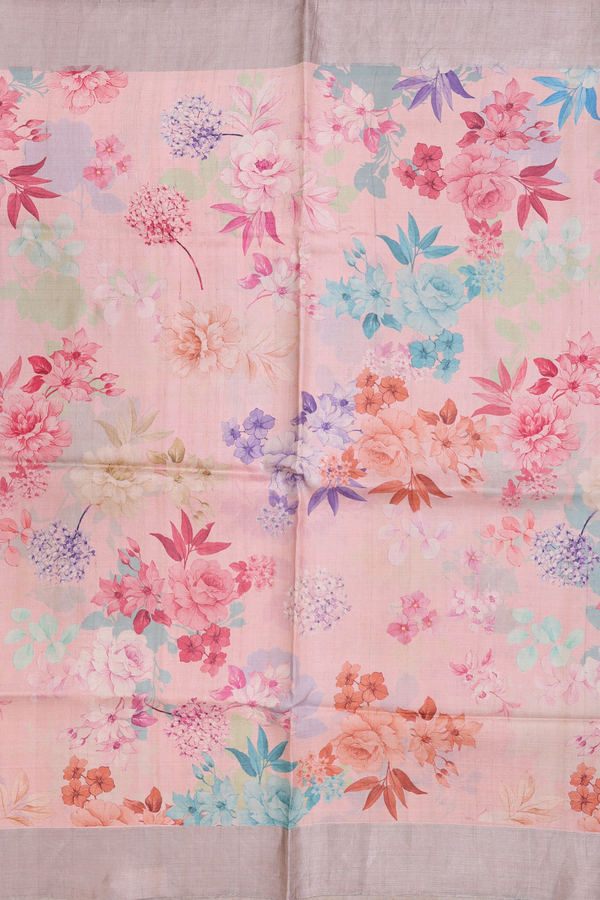 Tussar Silk Saree In Rose Gold With Floral Design