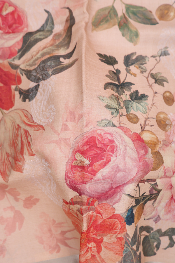 Tussar Silk Saree In Rose Gold With Floral Design