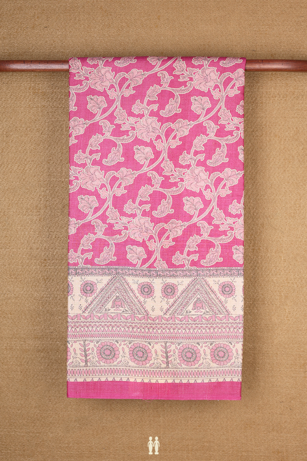 Tussar Silk Saree In Rose Pink With Allover Floral Design