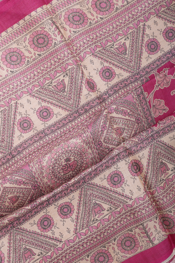 Tussar Silk Saree In Rose Pink With Allover Floral Design