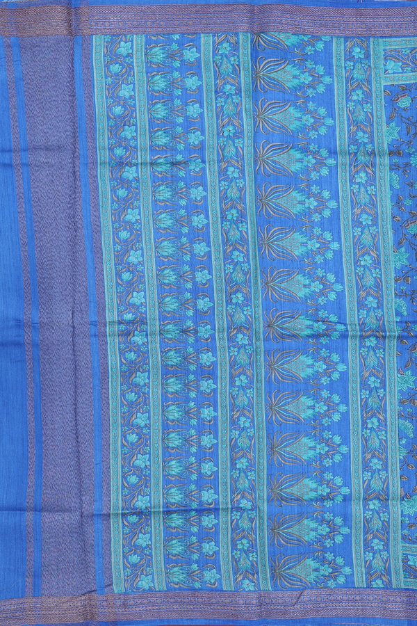Tussar Silk Saree In Royal Blue With Floral Printed Design
