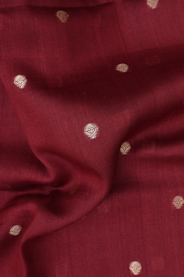 Tussar Silk Saree In Ruby Red With Floral Buttas