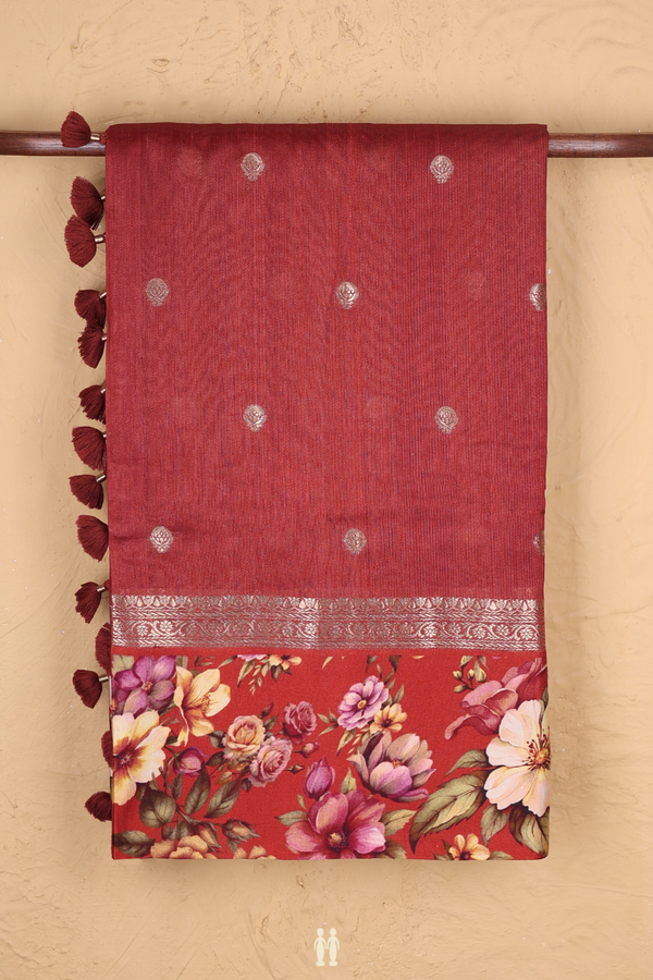 Tussar Silk Saree In Rust Red With Floral Buttas