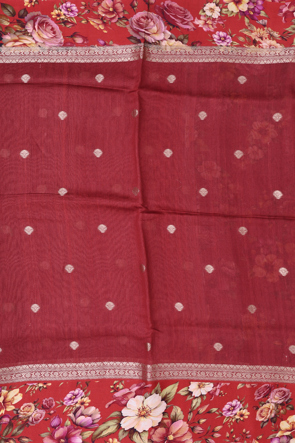 Tussar Silk Saree In Rust Red With Floral Buttas