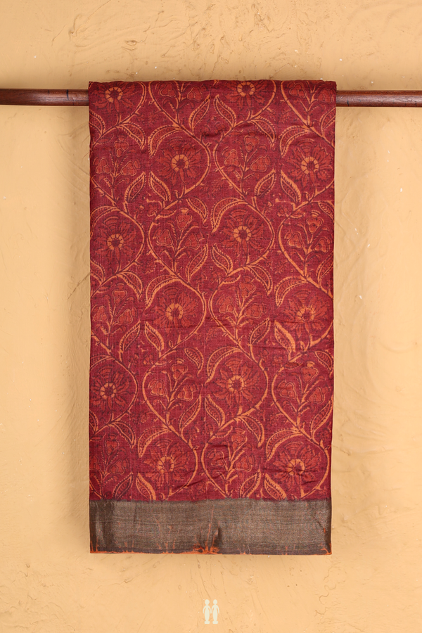 Tussar Silk Saree In Rust Red With Floral Design