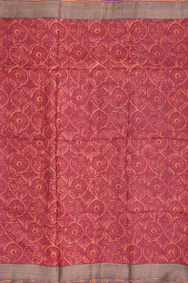 Tussar Silk Saree In Rust Red With Floral Design
