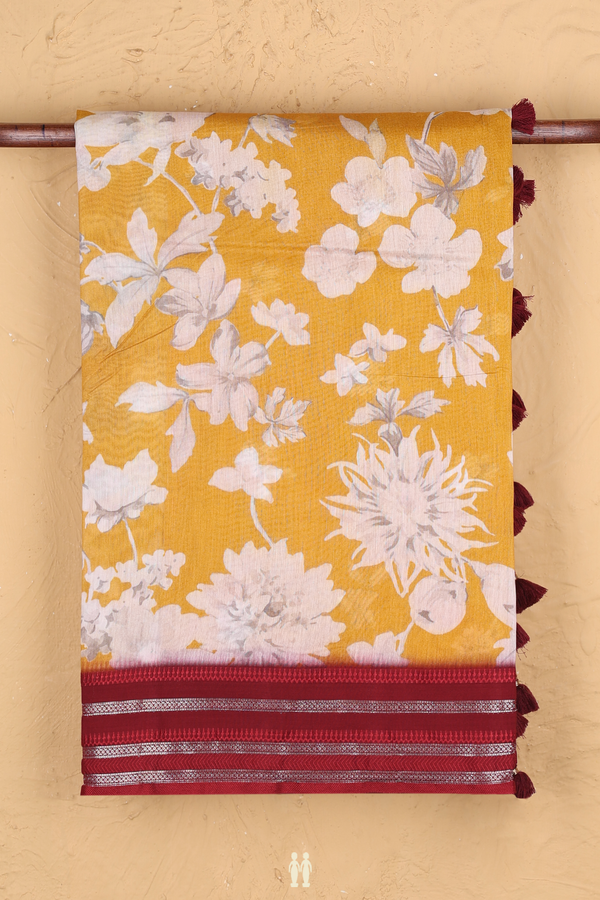 Tussar Silk Saree In Mastard Yellow With Floral Design