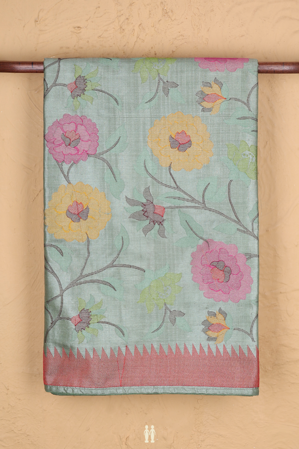Tussar Silk Saree In Moss Green With Floral Design