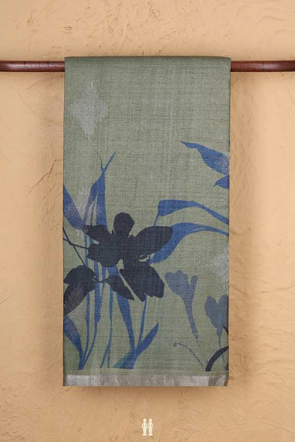 Tussar Silk Saree In Sage Green With Floral Design