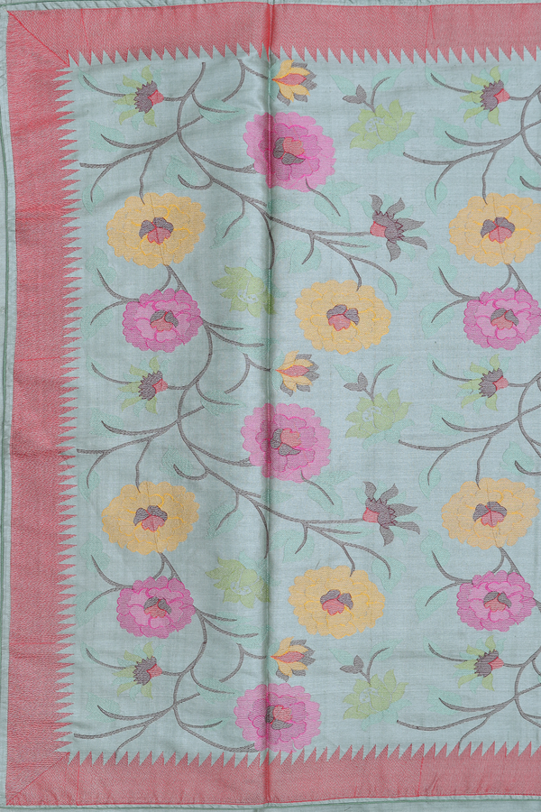 Tussar Silk Saree In Moss Green With Floral Design