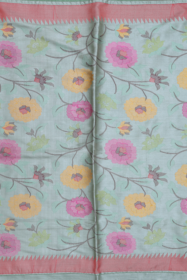 Tussar Silk Saree In Moss Green With Floral Design