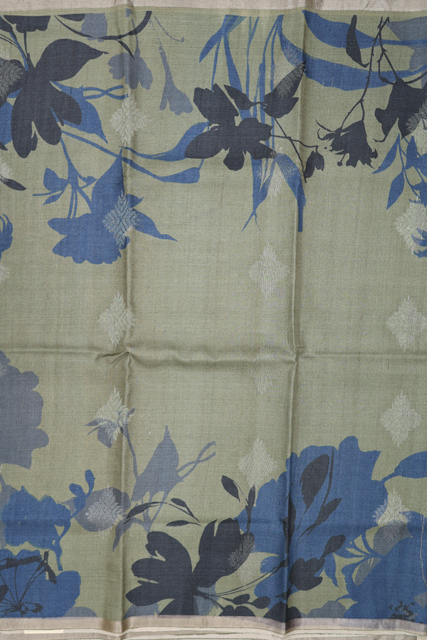 Tussar Silk Saree In Sage Green With Floral Design