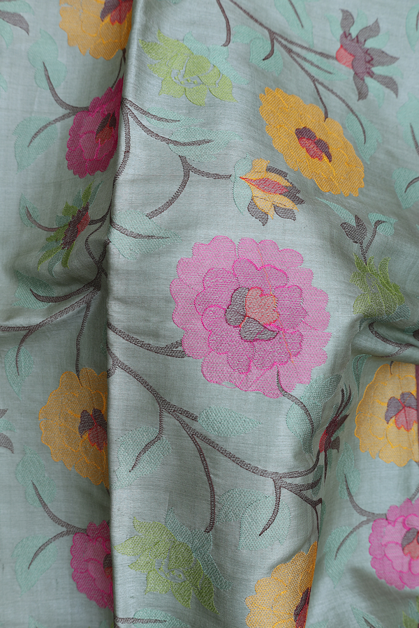 Tussar Silk Saree In Moss Green With Floral Design