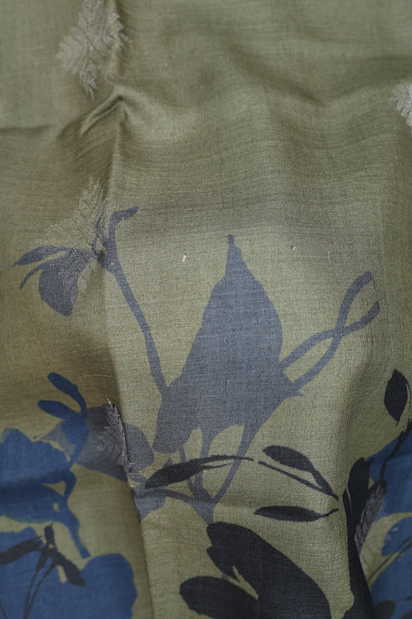 Tussar Silk Saree In Sage Green With Floral Design