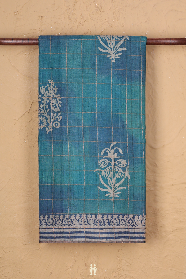 Tussar Silk Saree In Shades Of Blue Along Checks With Motifs