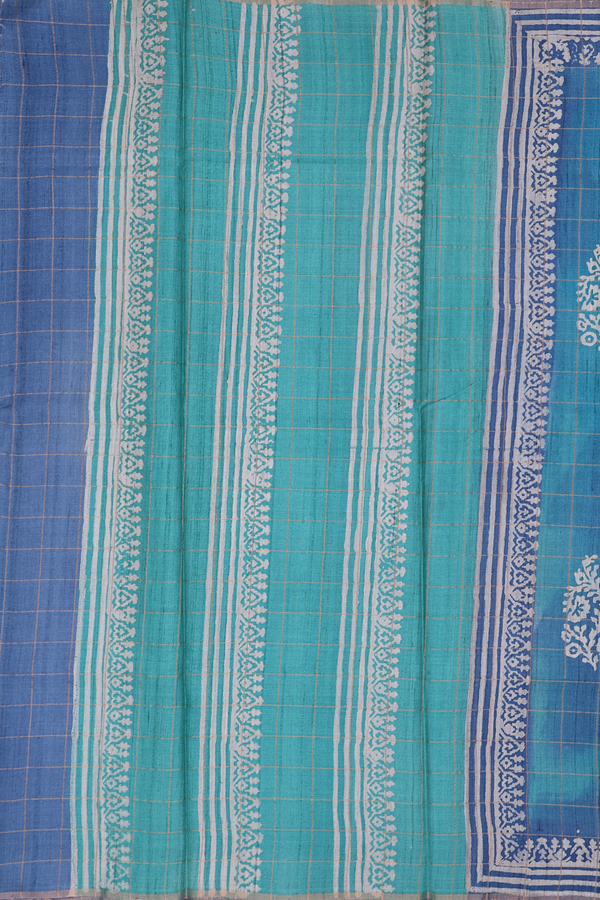 Tussar Silk Saree In Shades Of Blue Along Checks With Motifs