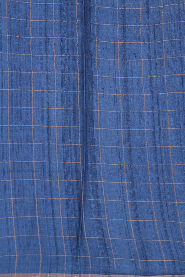 Tussar Silk Saree In Shades Of Blue Along Checks With Motifs