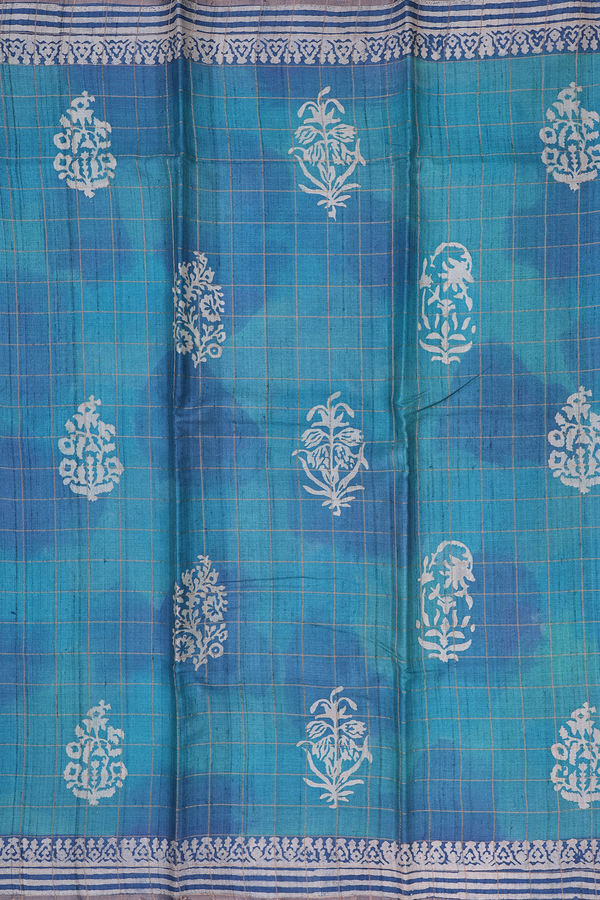Tussar Silk Saree In Shades Of Blue Along Checks With Motifs
