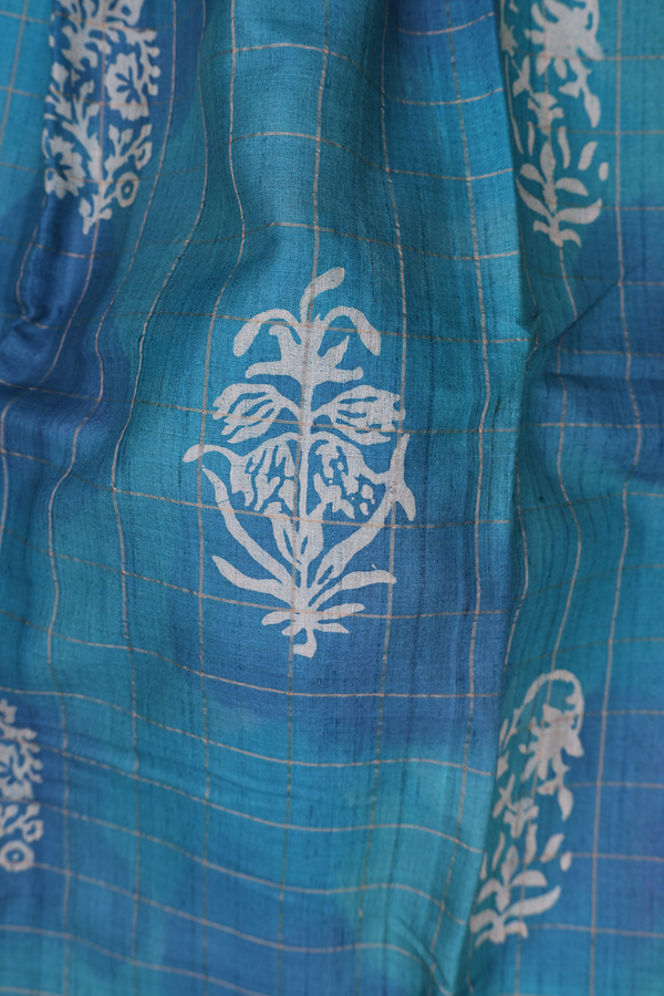 Tussar Silk Saree In Shades Of Blue Along Checks With Motifs