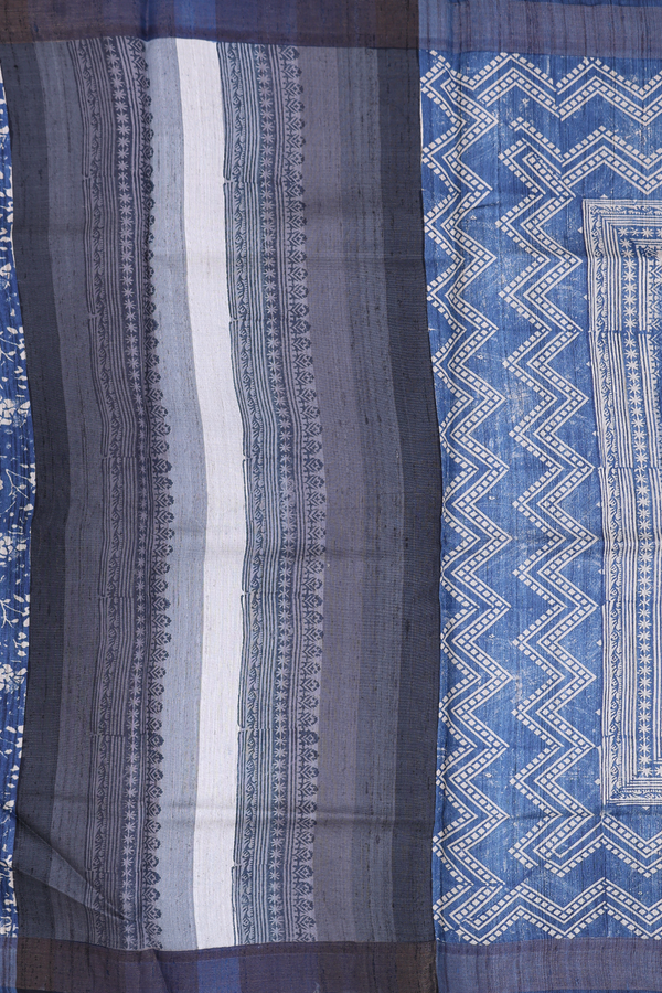 Tussar Silk Saree In Shades Of Blue With Chevron Border