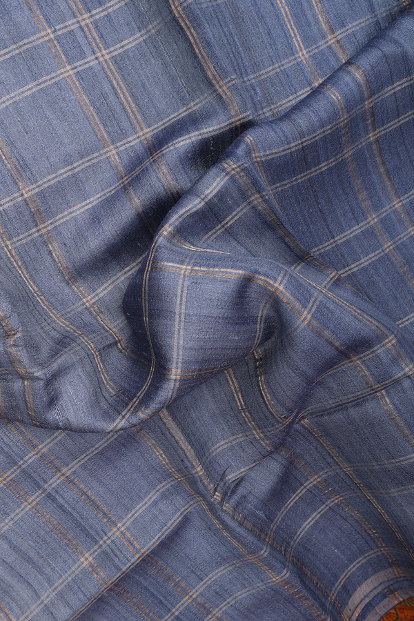 Tussar Silk Saree In Space Blue With Checks Design