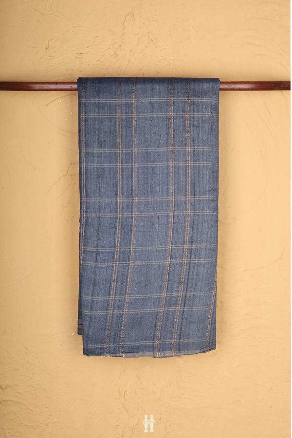 Tussar Silk Saree In Space Blue With Checks Design