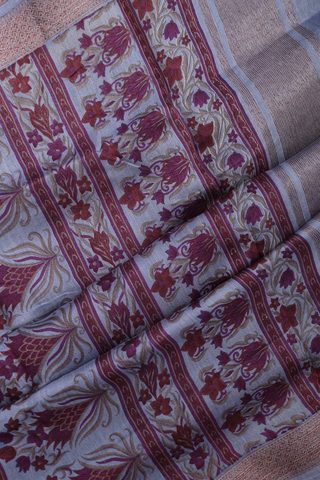 Tussar Silk Saree In Steel Blue With Paisley Design